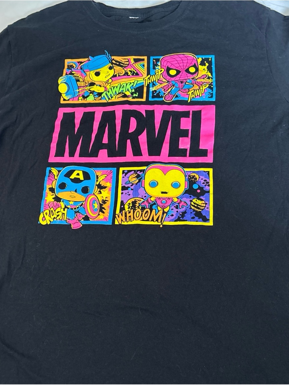 Marvel Black Short Sleeve Tee with Neon Pink Logo and Multicolor Comic Panels